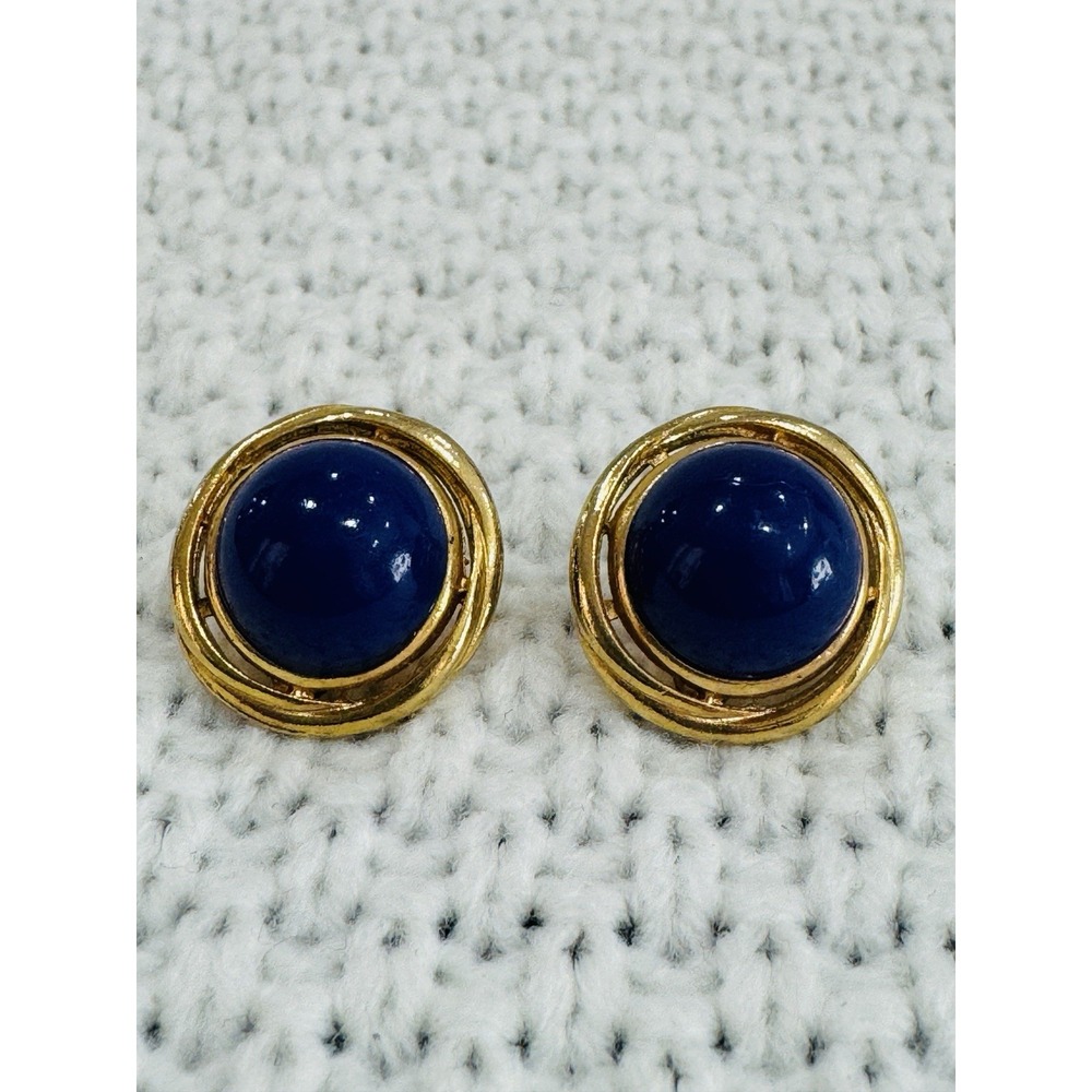 Vintage Gold Tone Cobalt Blue Cabochon Swirl Circle Stud Earrings